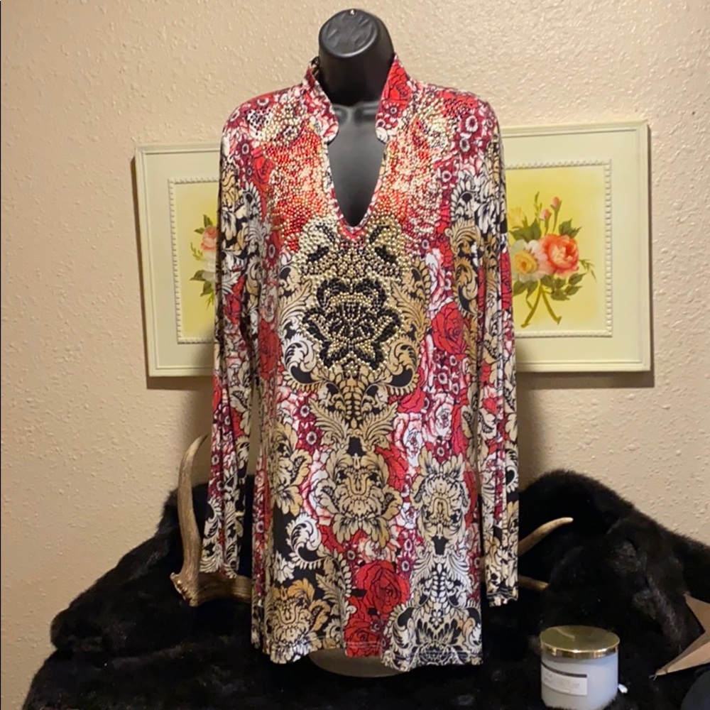V Christina Red, Black & Gold studded Blouse